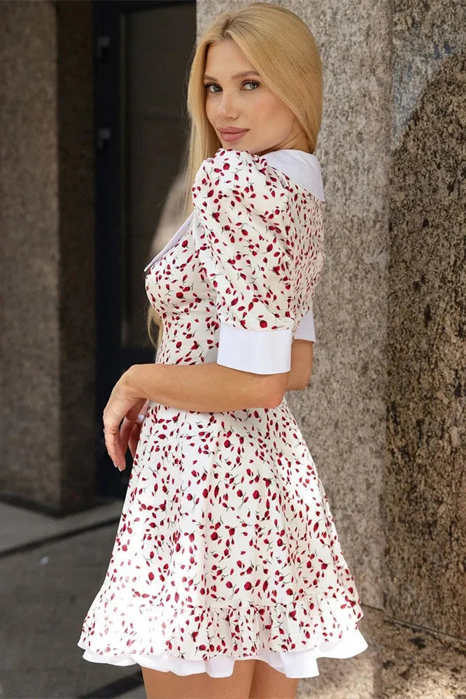 V-Neck Printed Short Sleeve High Waist Mini Dress