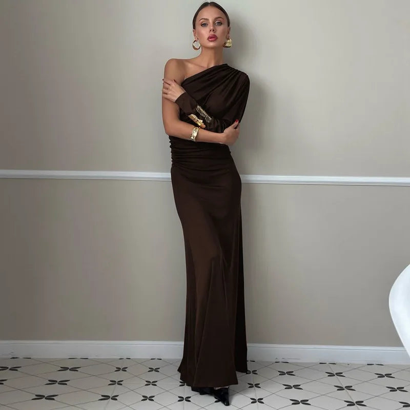 Diagonal Collar One-Shoulder Long Sleeve Maxi Dress