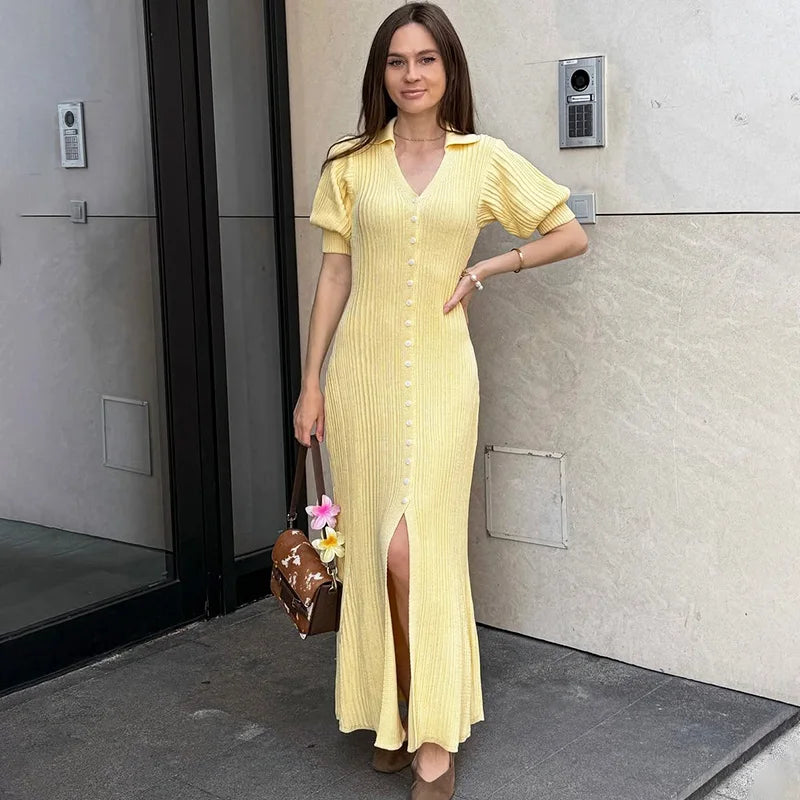 V-Neck Single Breasted High Waist Maxi Dress