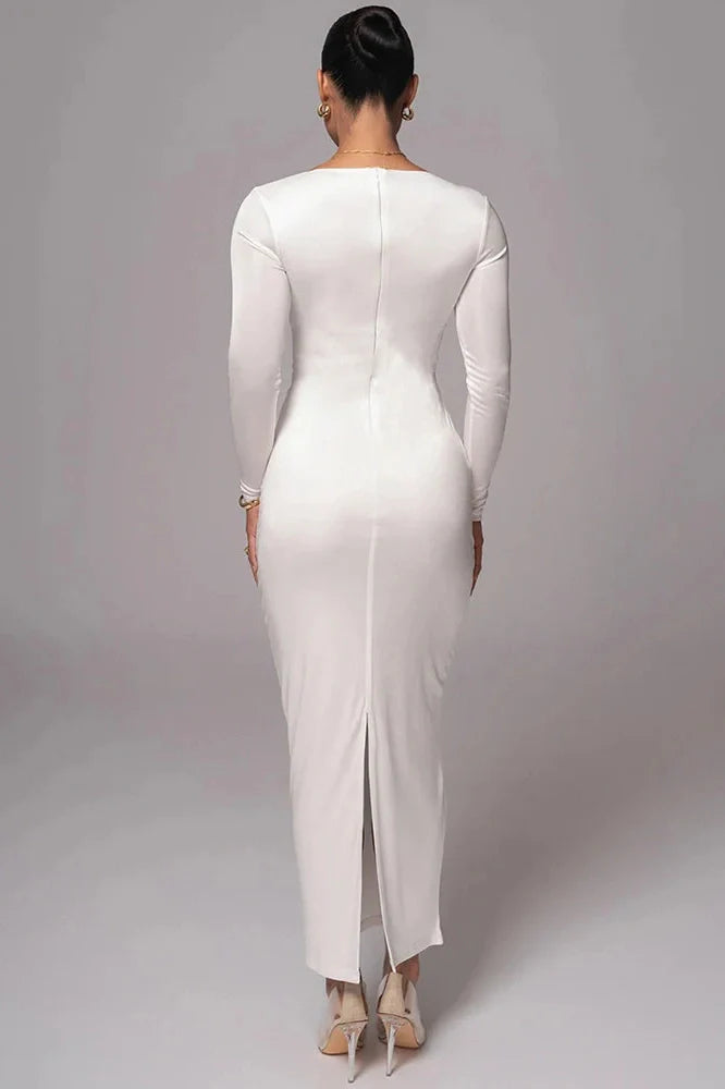 Long Sleeve V Neck Back Split Bodycon Maxi Dress