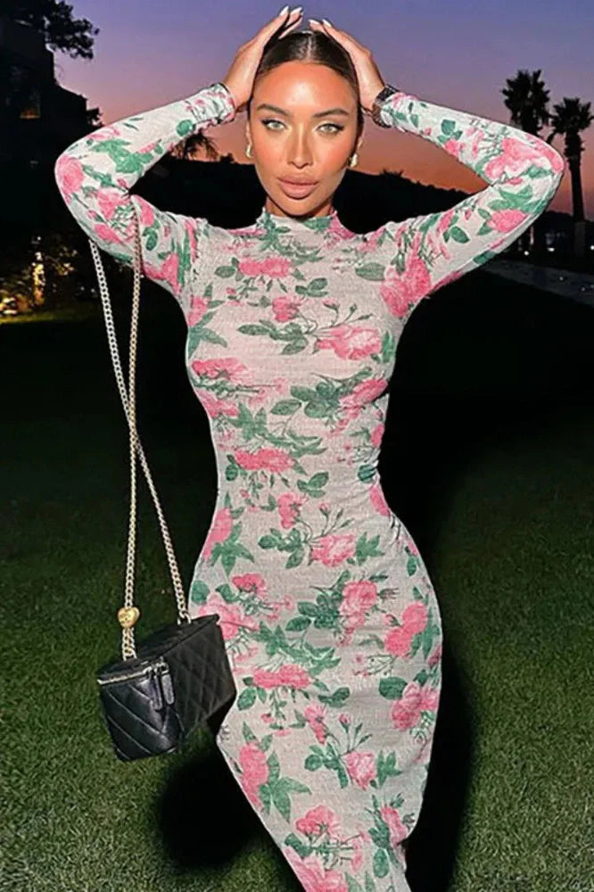Bodycon Long Sleeve Print Zipper Maxi Dress