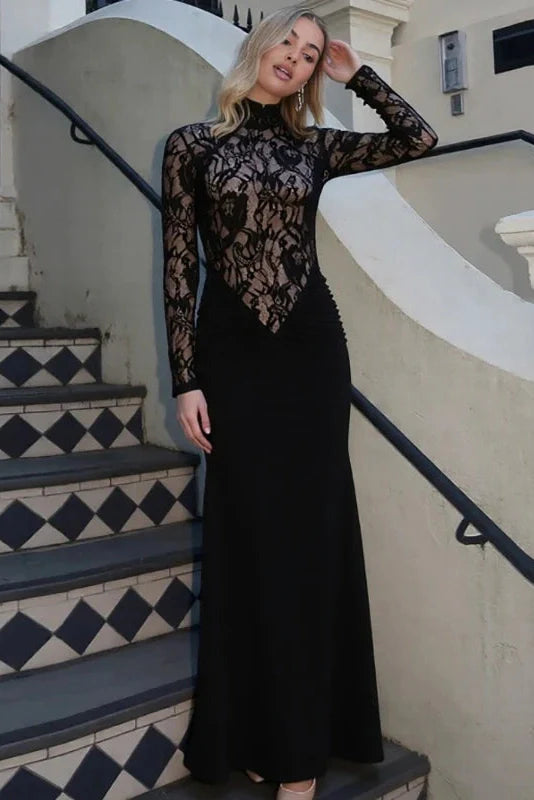 Lace Slim See-Through Long-Sleeved High-Waisted Maxi Dress
