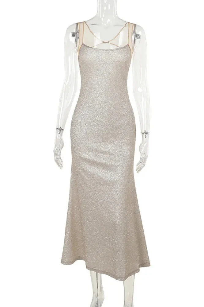 Sleeveless Sparkle Backless High Waist Bodycon Maxi Dress