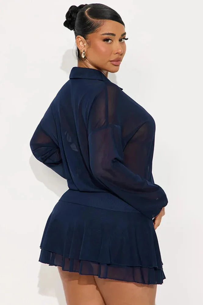 See Through Long Sleeve Single-Breasted Mini Dress