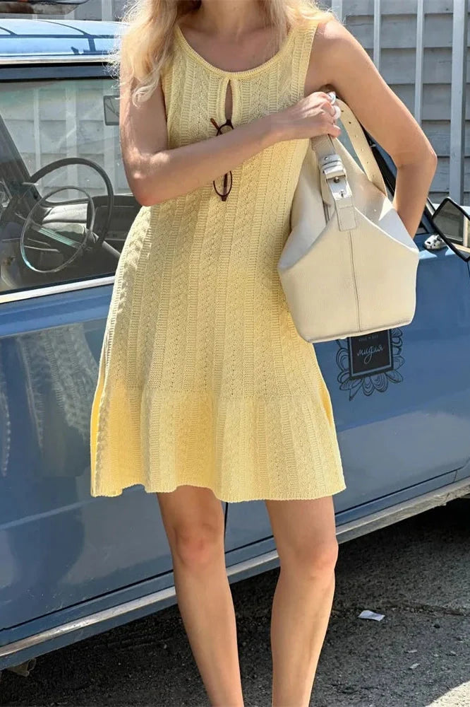 Hollow Out Patchwork Sleeveless Slim Mini Dress