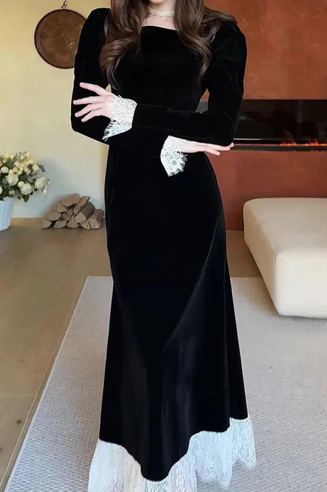 Elegant Long Sleeve High Waist Lace Maxi Dress