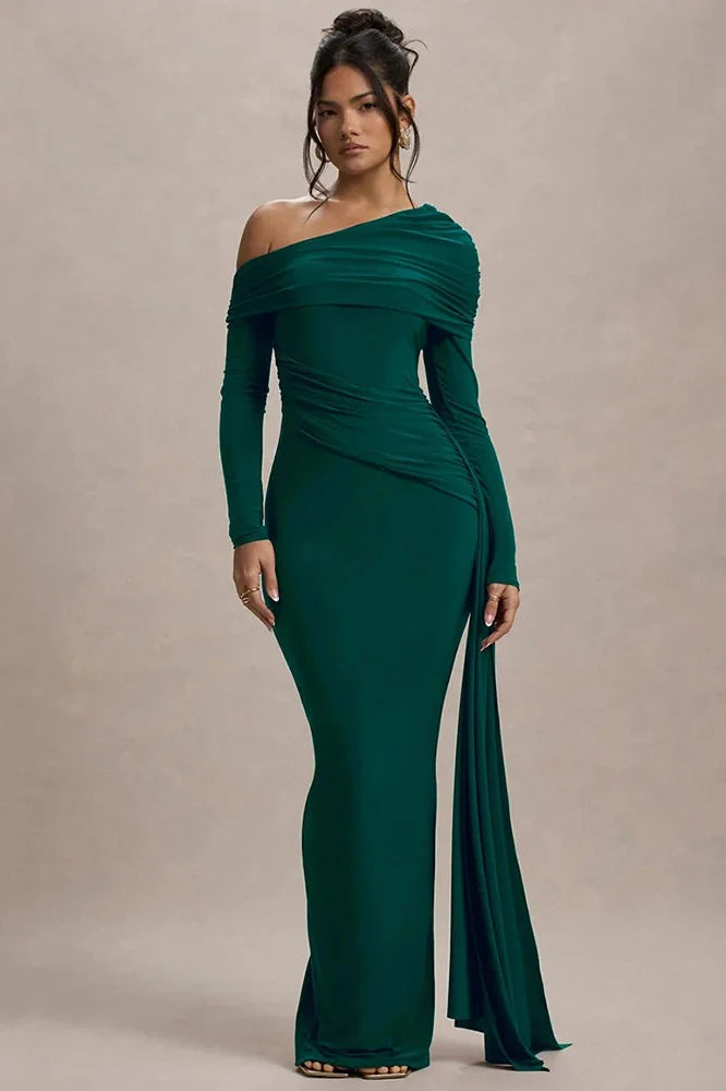 Skew Collar Long Sleeve Backless Bodycon Maxi Dress