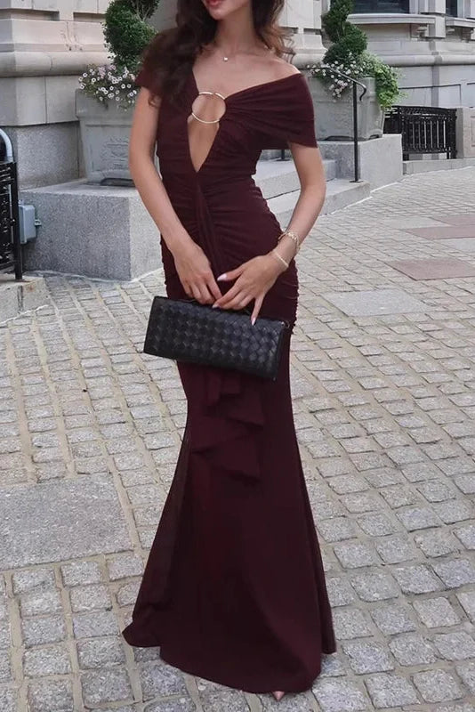 Hollow Out Slash Collar Slim High Waist Pleated Maxi Dress