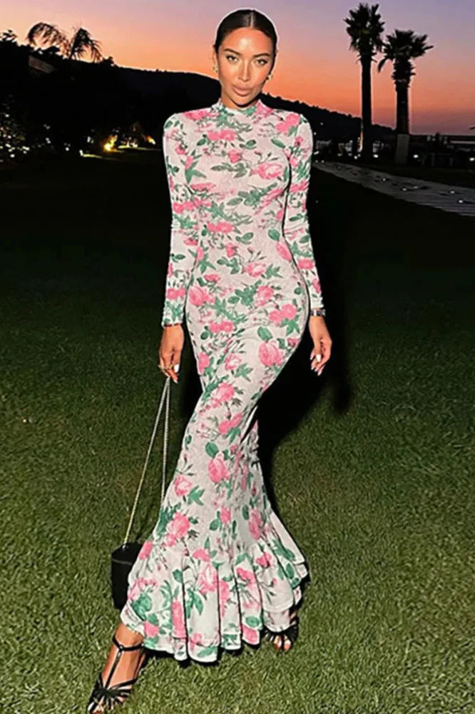 Bodycon Long Sleeve Print Zipper Maxi Dress