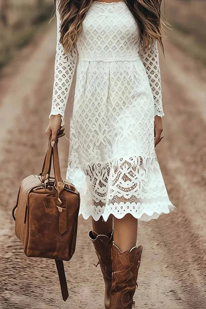 Lace Embroidery U-Collar Long Sleeve High Waist Midi Dress