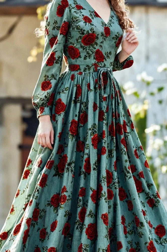 Elegant Long Sleeve Slim Pleated V-Neck Printed Maxi Dress