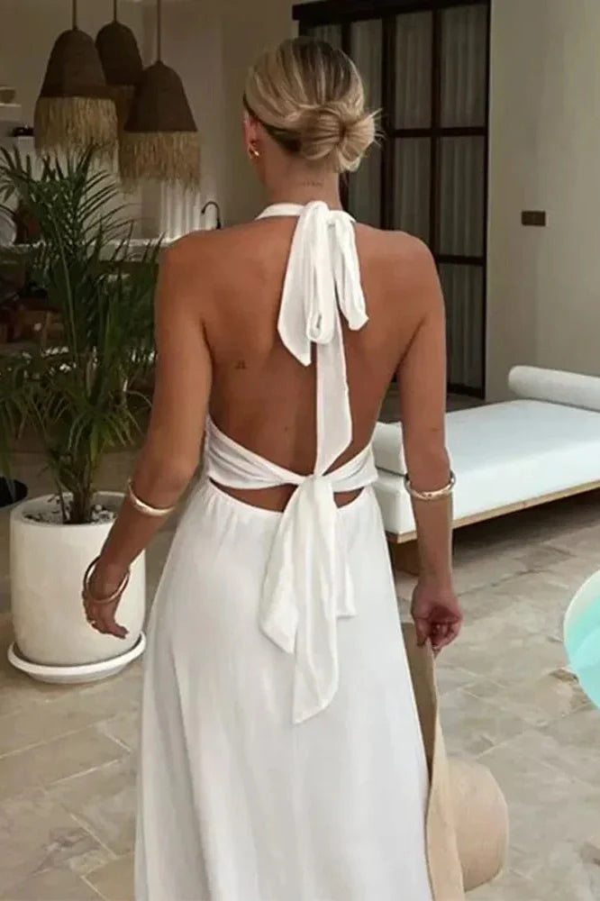 Elegant Backless Lace Up High Waist Split Maxi Dress