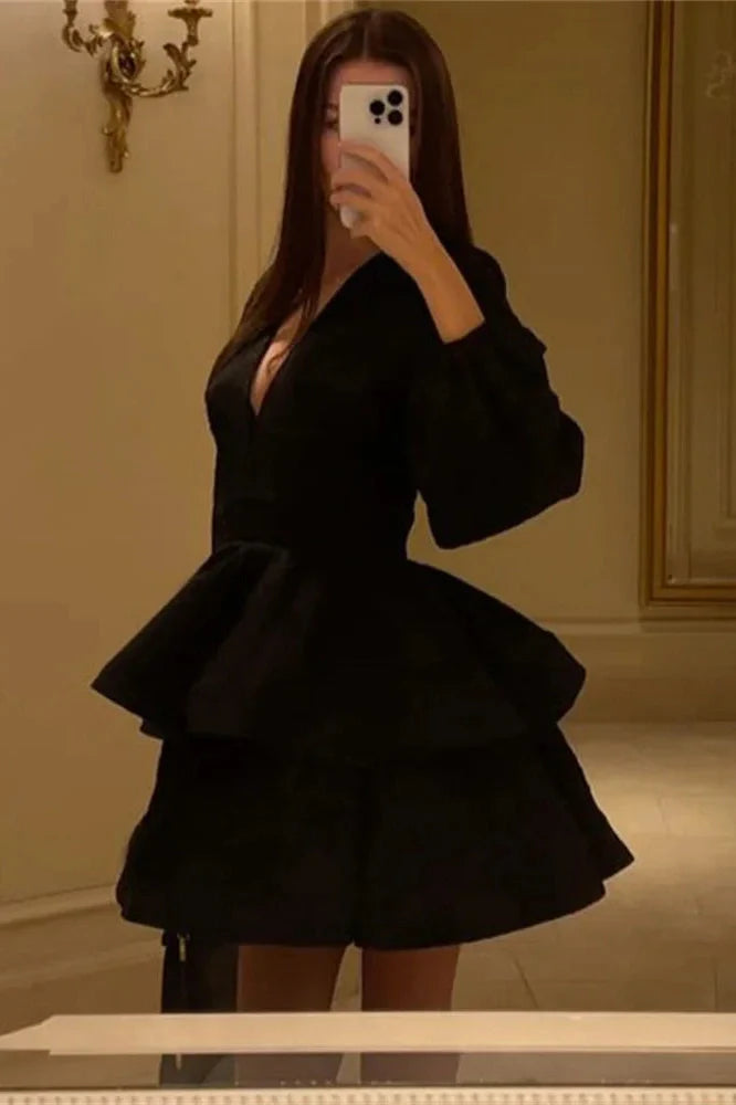 V-Neck Long Sleeve Bodycon Mini Dress
