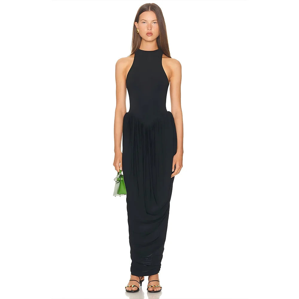 Elegant  Pleated High Neck Slit Maxi Dress