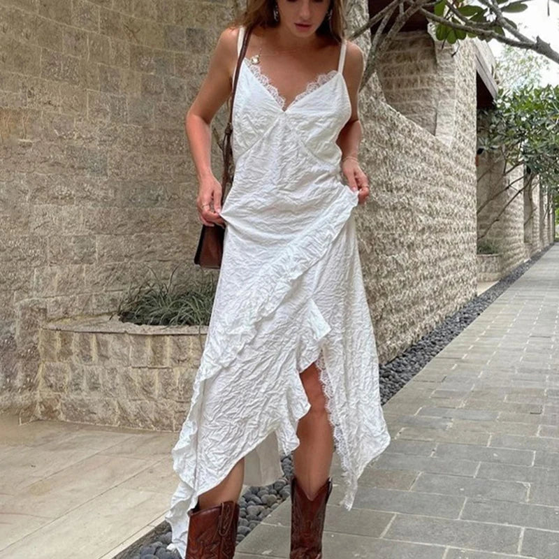 Lace Patchwork Backless Lace-Up High Waist Maxi Dress
