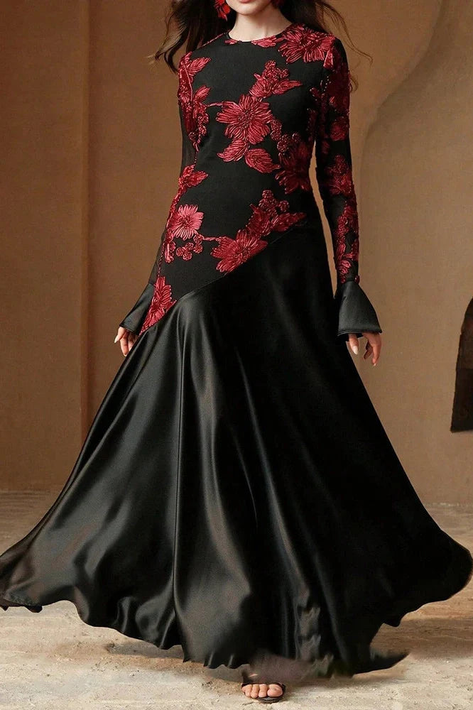 Elegant High Waist O-Neck Flare Sleeve Pleated Maxi Dress