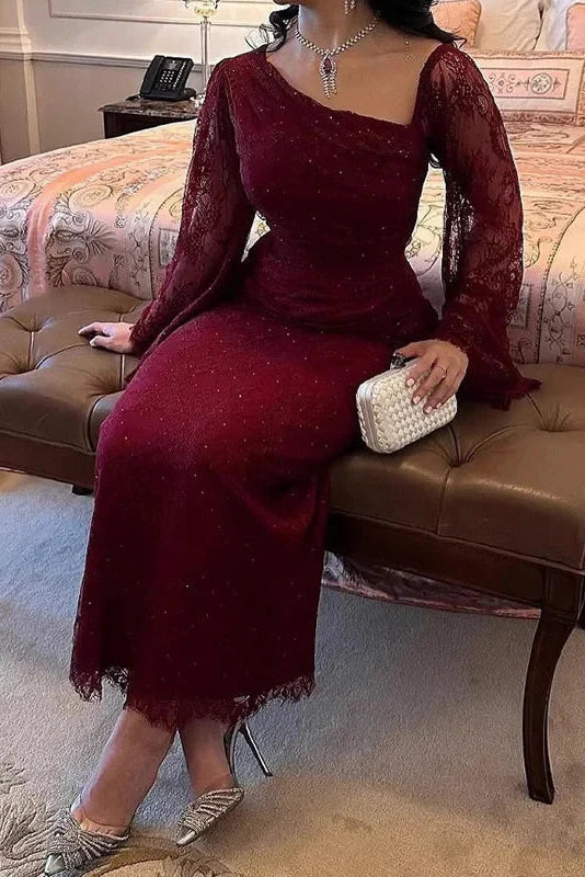 Elegant Lace Slim Slash Collar Long Sleeve Irregular Maxi Dress