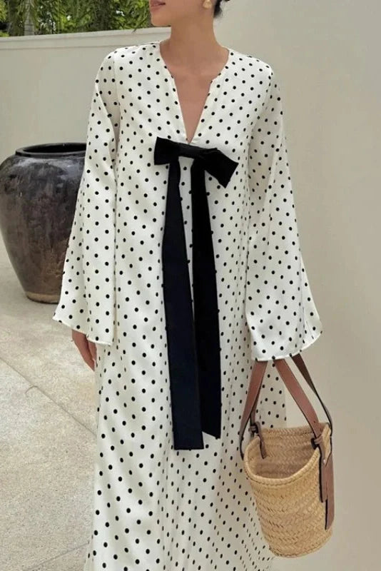 V-Neck Print Polka Dots Long Sleeves Loose Maxi Dress