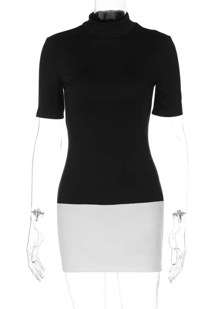 High Collar Half Sleeve Patchwork High Waist Mini Dress