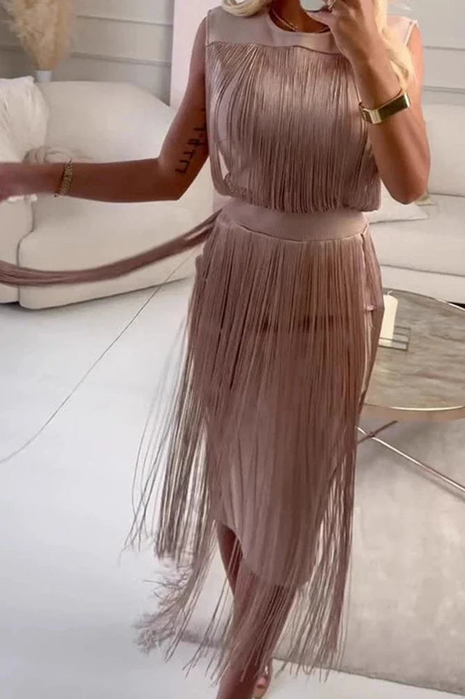 Hollow Out Sleeveless Pleated O-Neck Midi Dress
