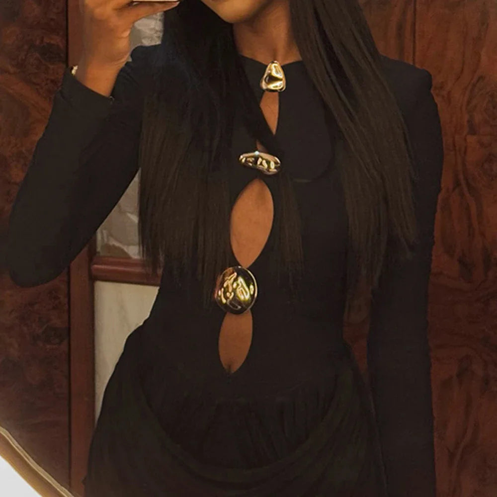 Lace-Up Round Neck Patchwork Long Sleeve Mini Dress