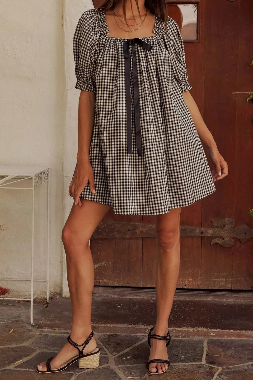 Plaid Loose Square Neck Puff Sleeve Mini Dress