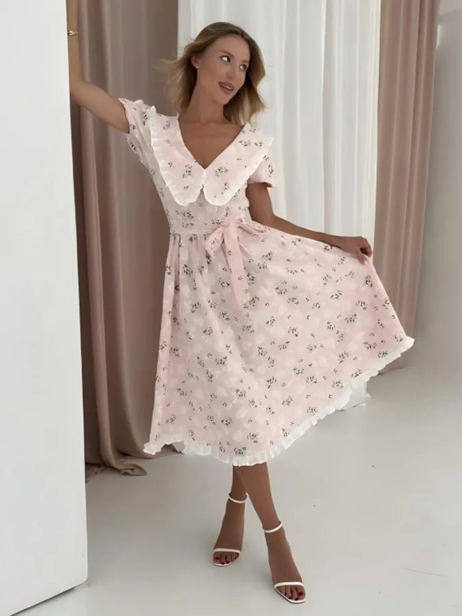 Printed Short Sleeve Lace-Up Midi Dress