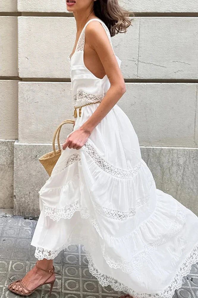 Hollow Out High Waist Lace Sleeveless Pleated Maxi Dress