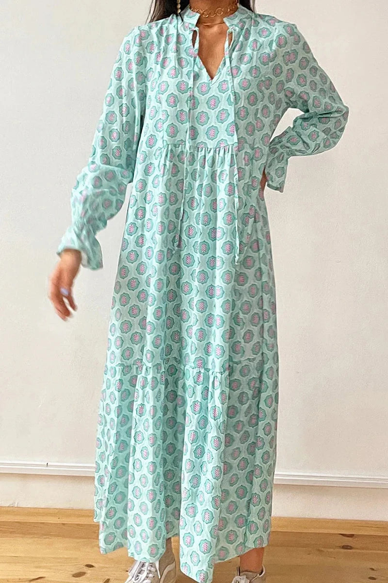 Print Tie-Up Long Sleeve V-Neck Maxi Dress