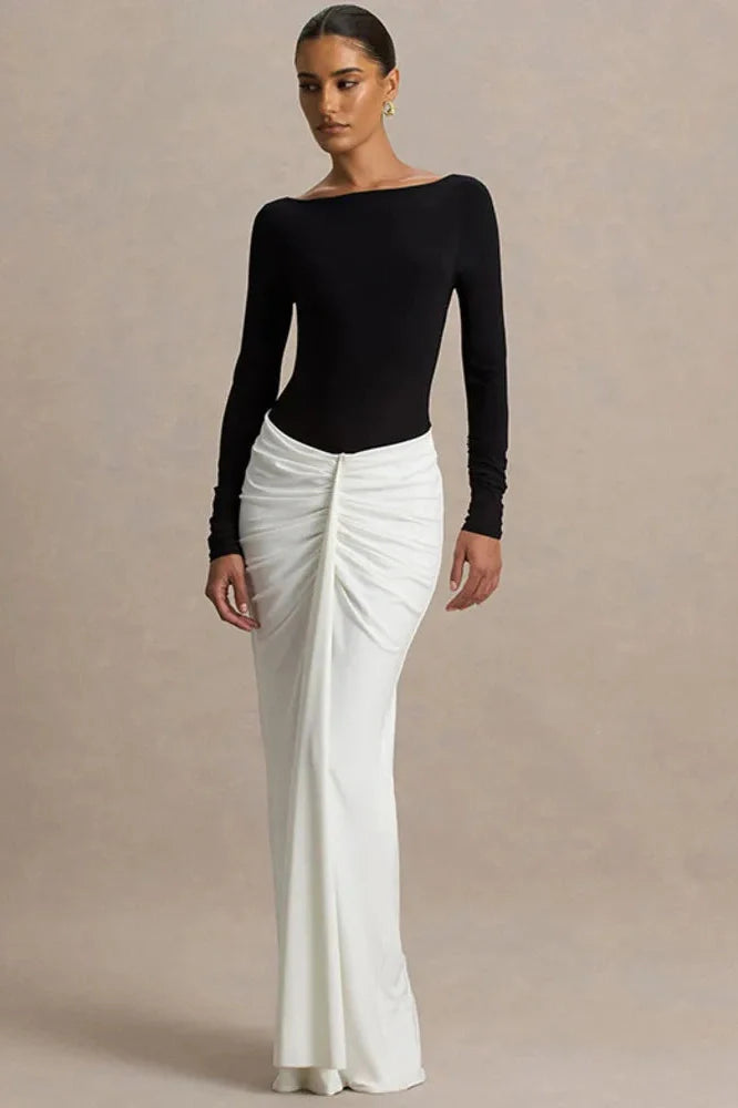 Long Sleeve Backless Patchwork High Waist Maxi Dress