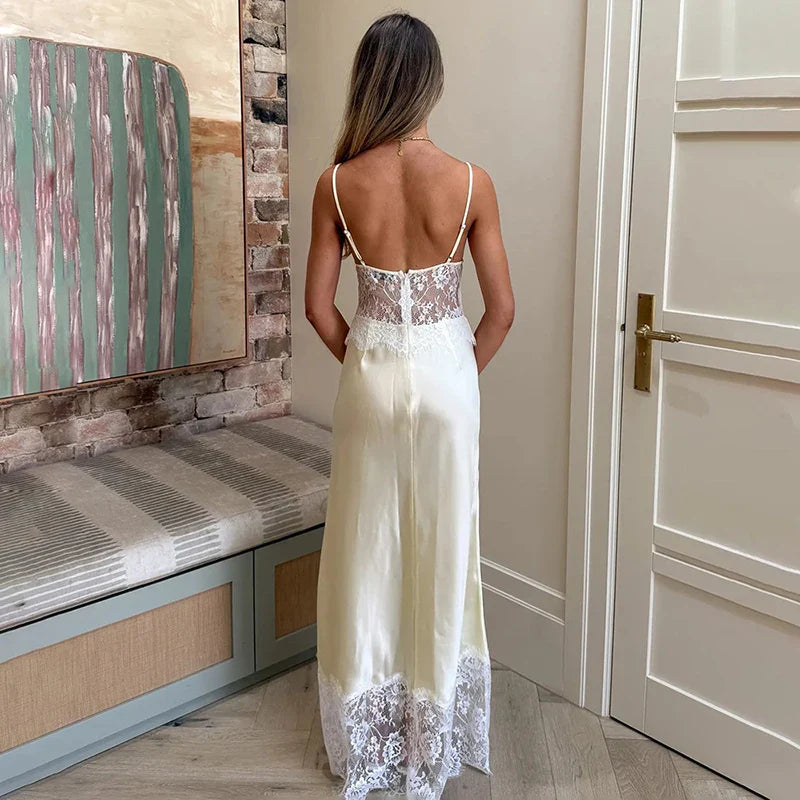 Lace Spaghetti Strap V Neck  Backless Maxi Dress