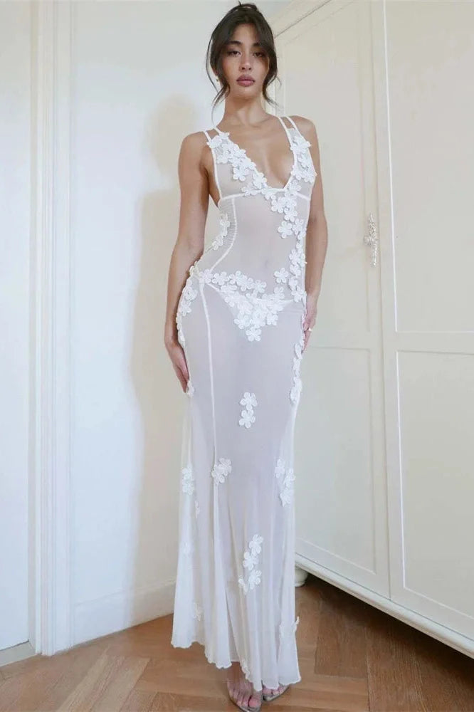 See-Through Slim High Split Backless V-Neck Maxi Dress