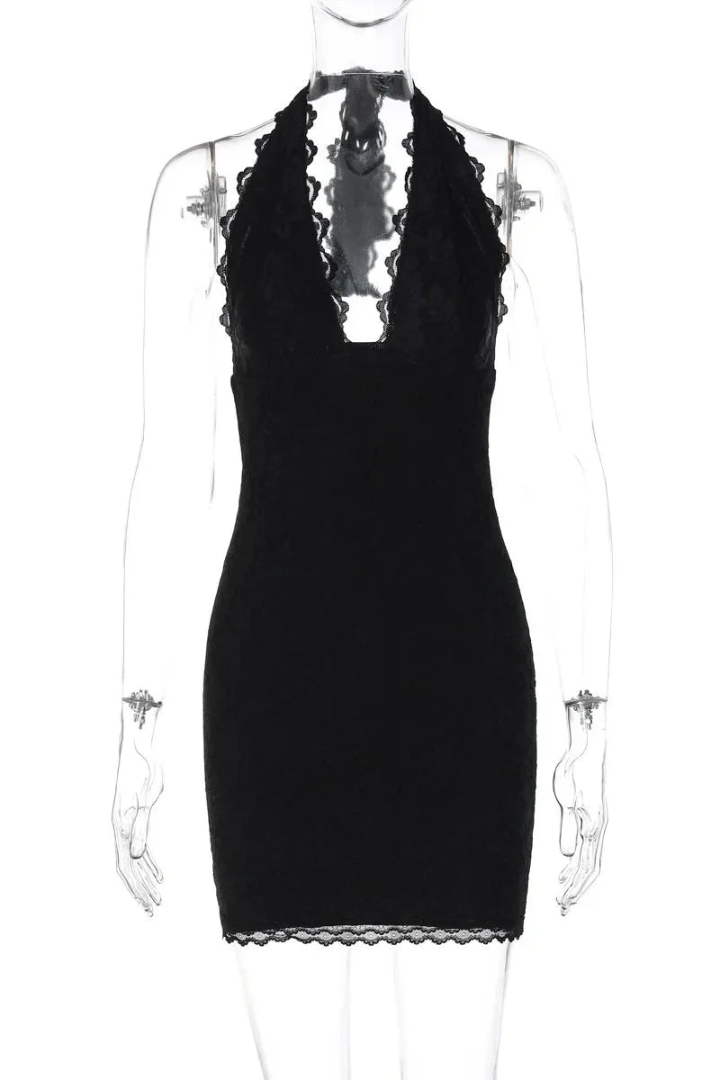 Lace Off-Shoulder Deep V Neck Sleeveless Backless Mini Dress