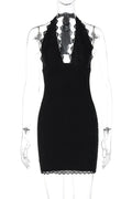 Lace Off-Shoulder Deep V Neck Sleeveless Backless Mini Dress
