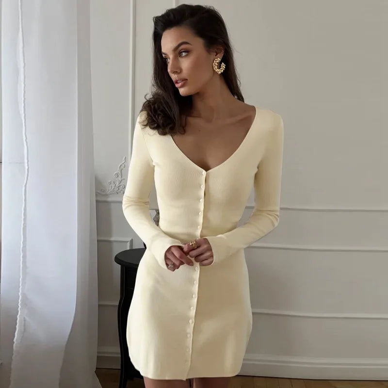 Long Sleeve V Neck Single Breasted Slim Mini Dress