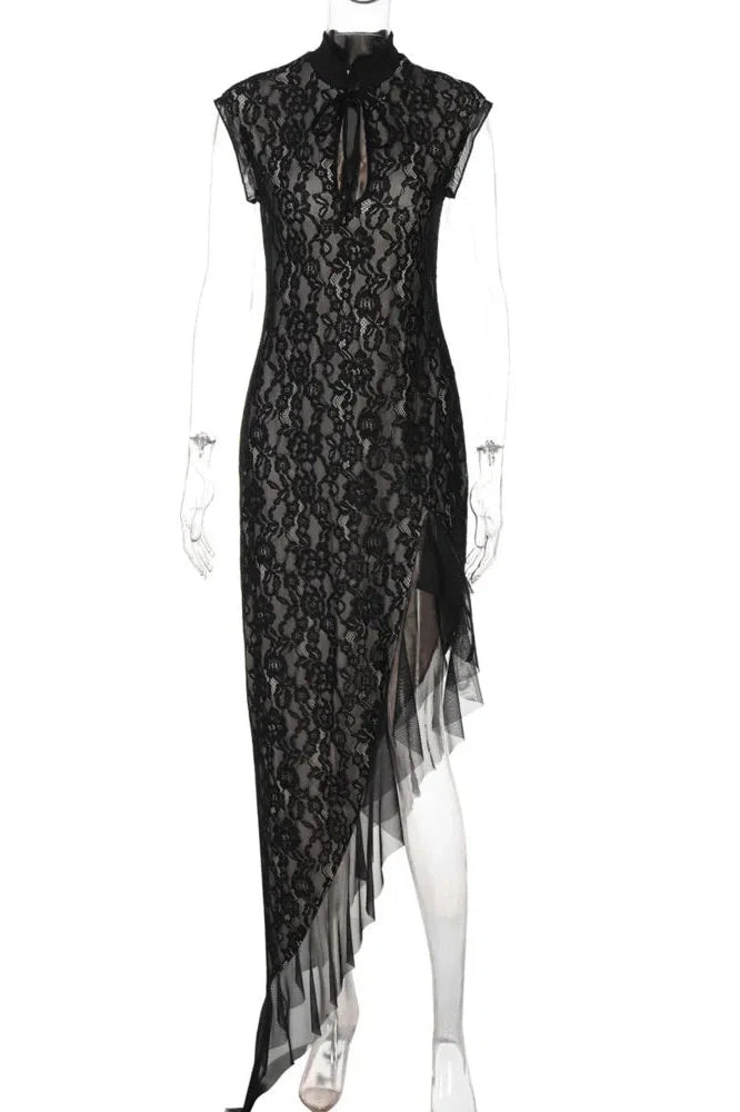 Hollow Out Lace Sleeveless High Split Maxi Dress
