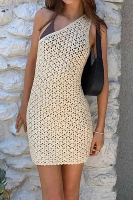 See-Through Backless Slash Collar Knitted Mini Dress
