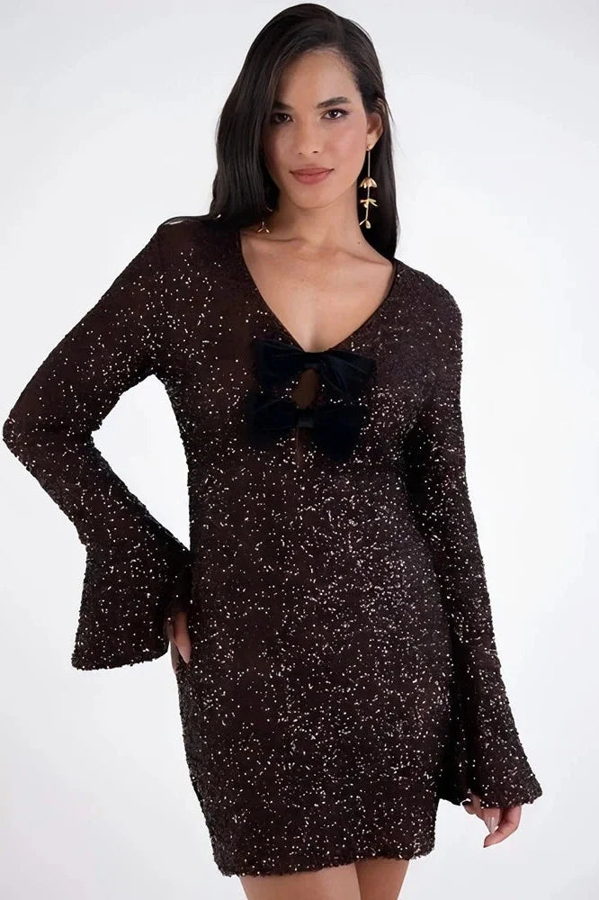 V Neck Long Sleeve Zipper High Waist Mini Dress
