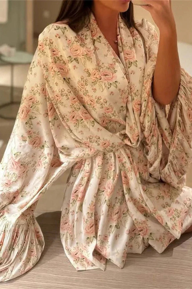 Printed V-Neck Lace-Up Patchwork Loose Mini Dress