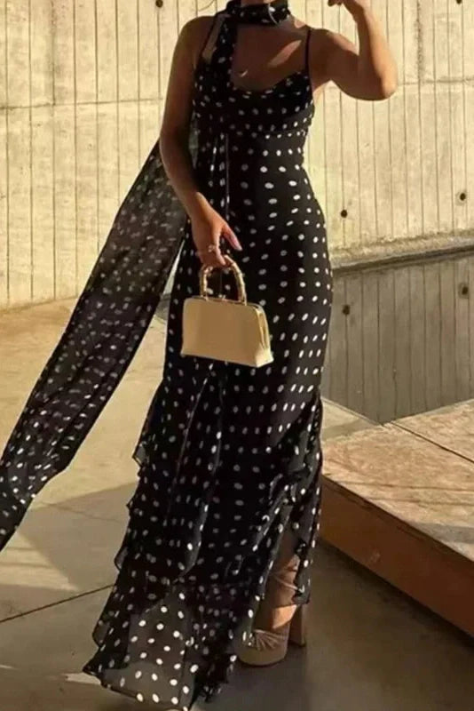 Elegant Polka Dot Scarf Fit Backless Sleeveless Maxi Dress