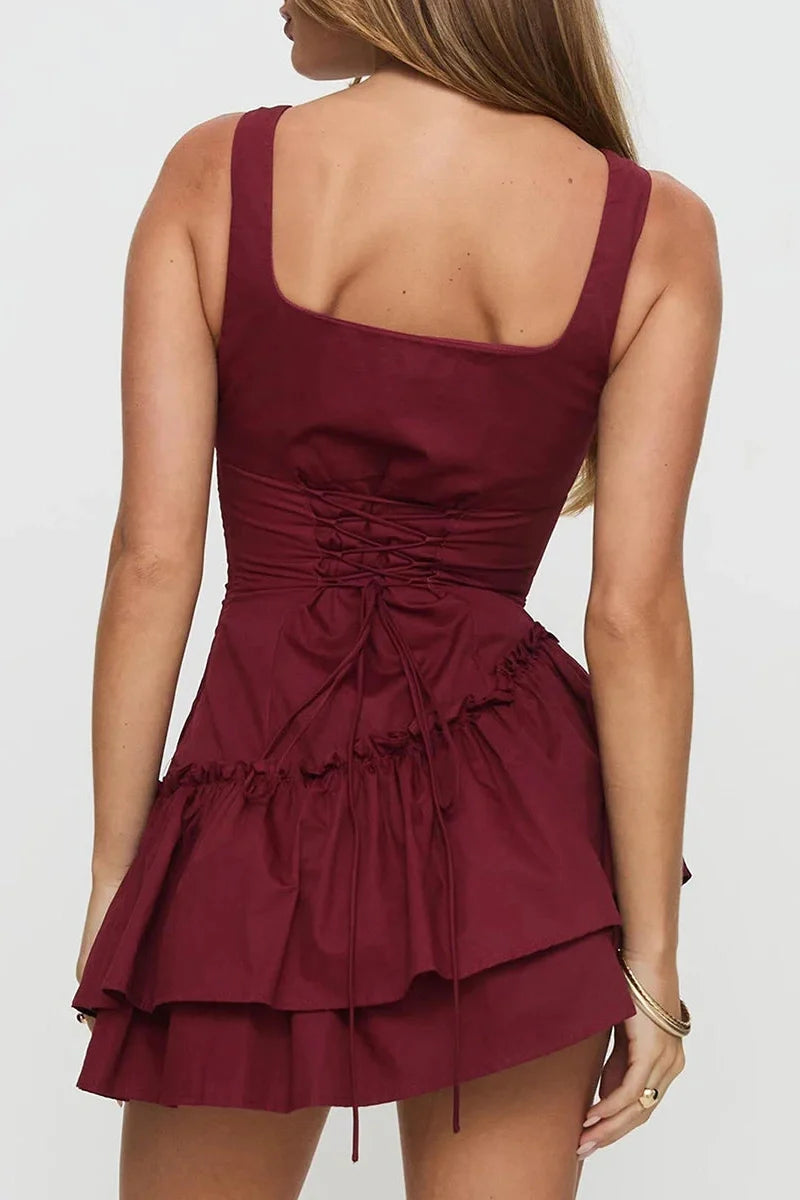 Sleeveless Backless Pleated Tie-Up A-Line Mini Dress