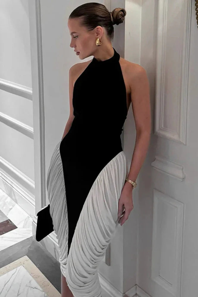 Patchwork Backless Sleeveless Pleated Midi Dress