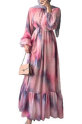 Pleated O-Neck High Waist Lace Print Long Sleeve Maxi Dress