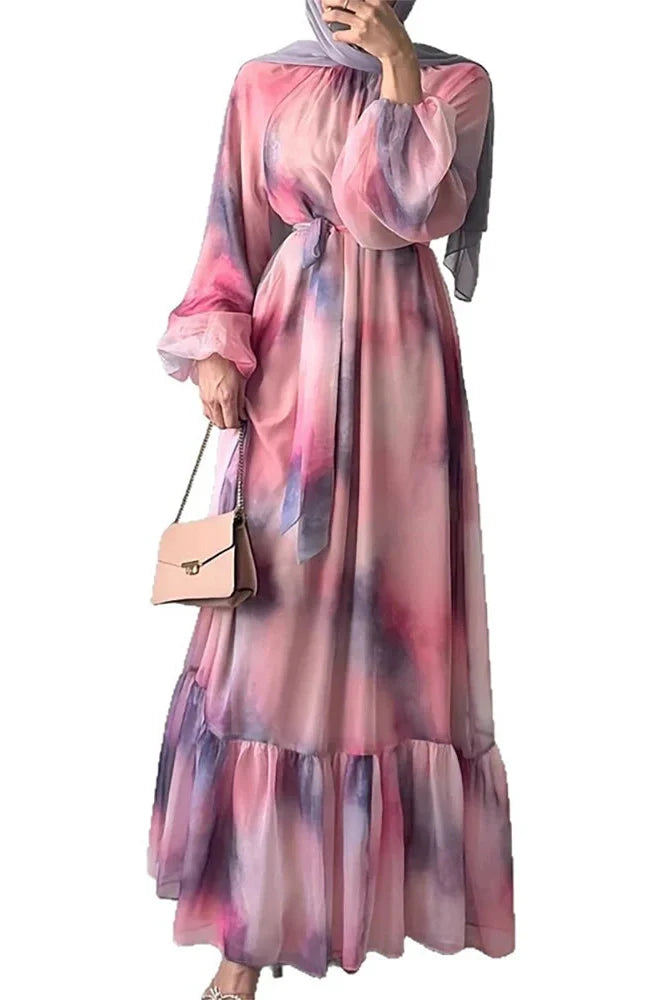 Pleated O-Neck High Waist Lace Print Long Sleeve Maxi Dress