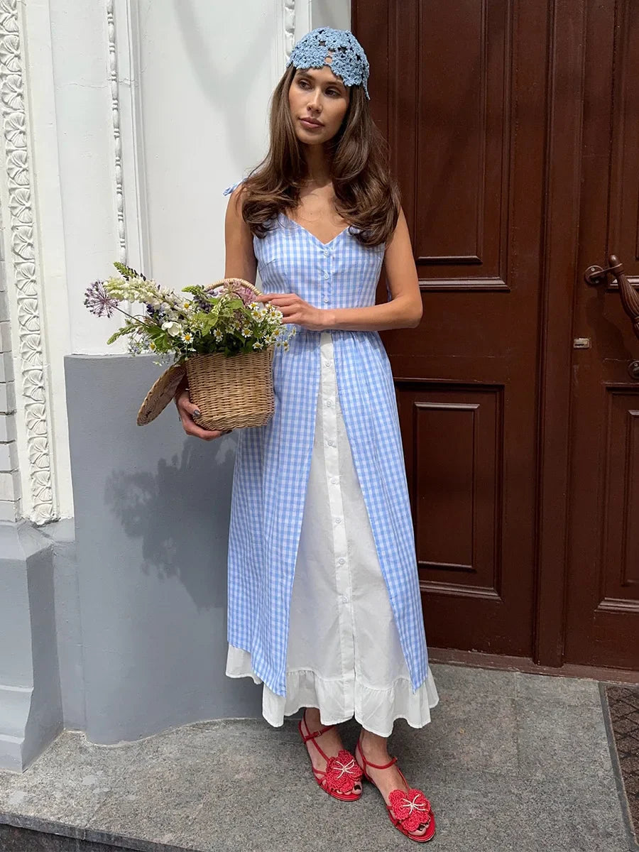 Plaid Printed Single Breasted Maxi Dress