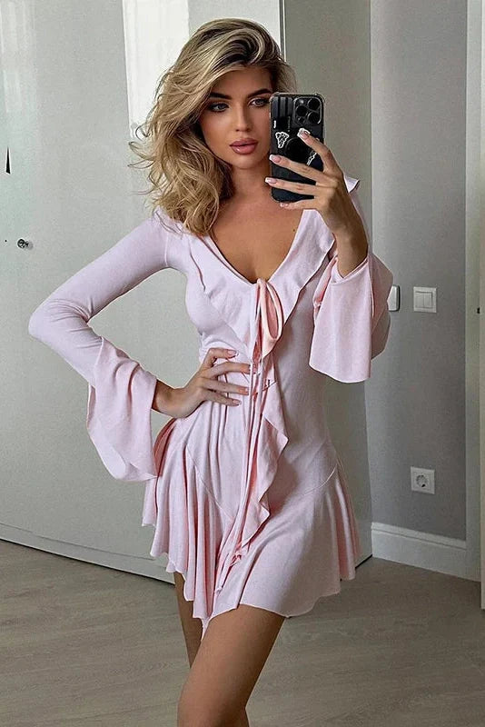 Deep V Neck Long Sleeve Slim Mini Dress