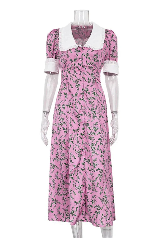 Printed Slim Short Sleeve High Waist Midi Dress