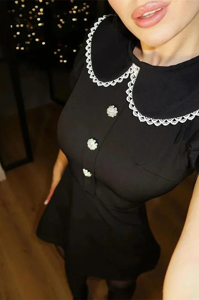 Elegant Patchwork Short Sleeve Lace-Up Mini Dress