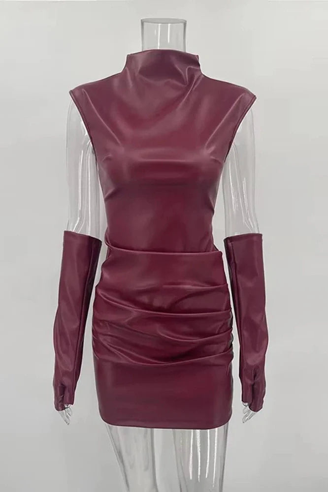 Elegant Sleeveless PU Leather Zipper Pleated Mini Dress