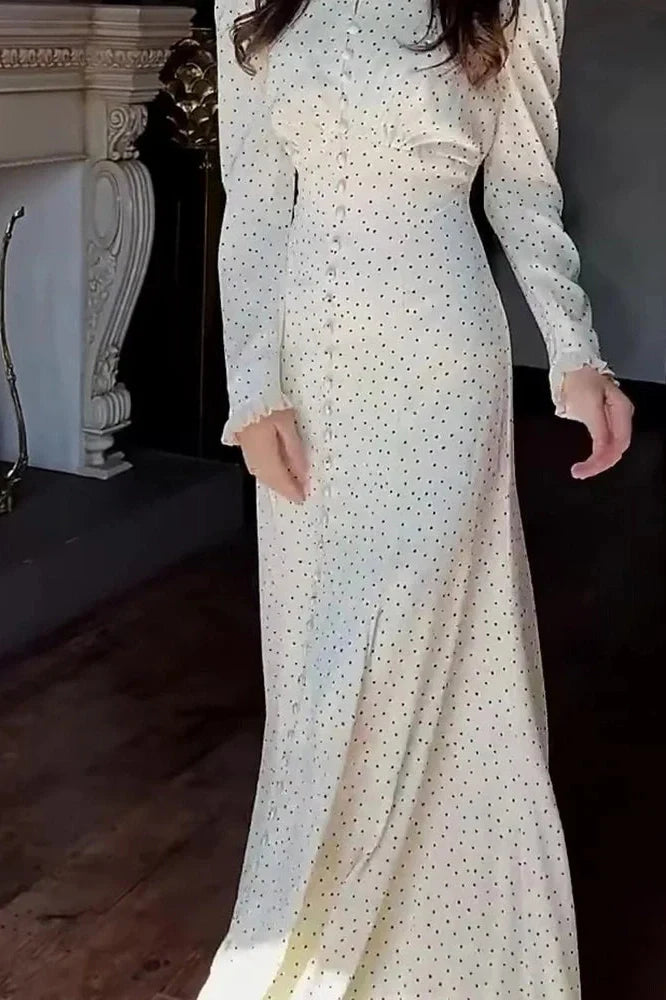 Elegant Long Sleeve Slim Lace Up High Waist Pleat Printed Maxi Dress